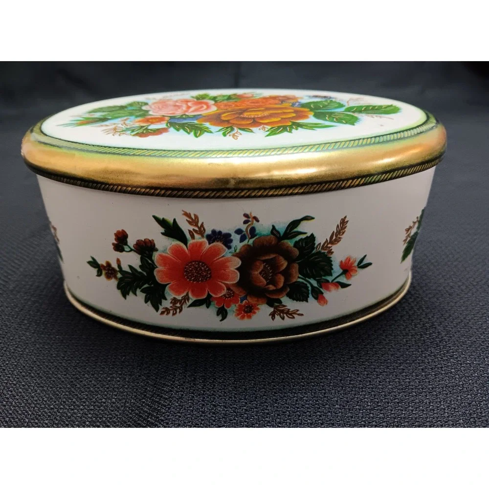 Oval Floral Tin Metal Box Meister Made In Brazil Trinket Jewelry Candy‎ Storage